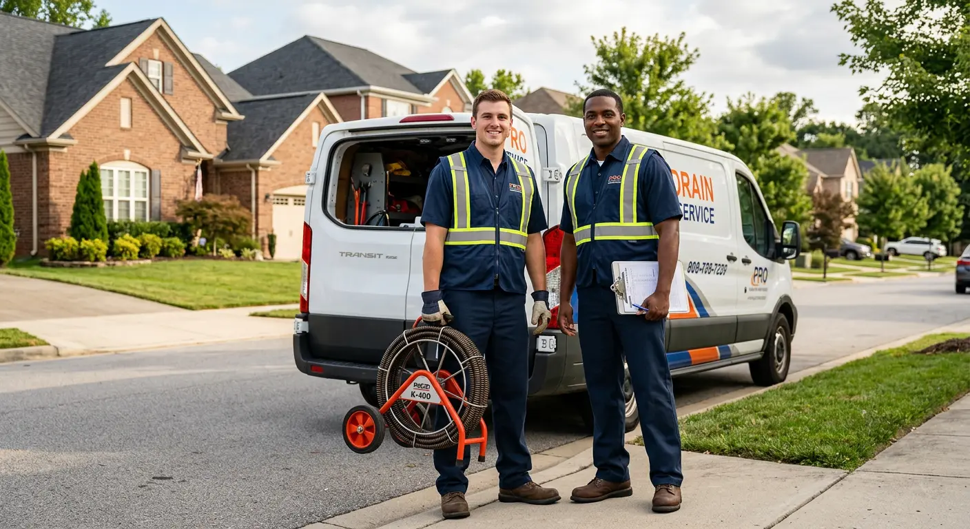 Sewer and drain service team with equipment ready for work in Westgate