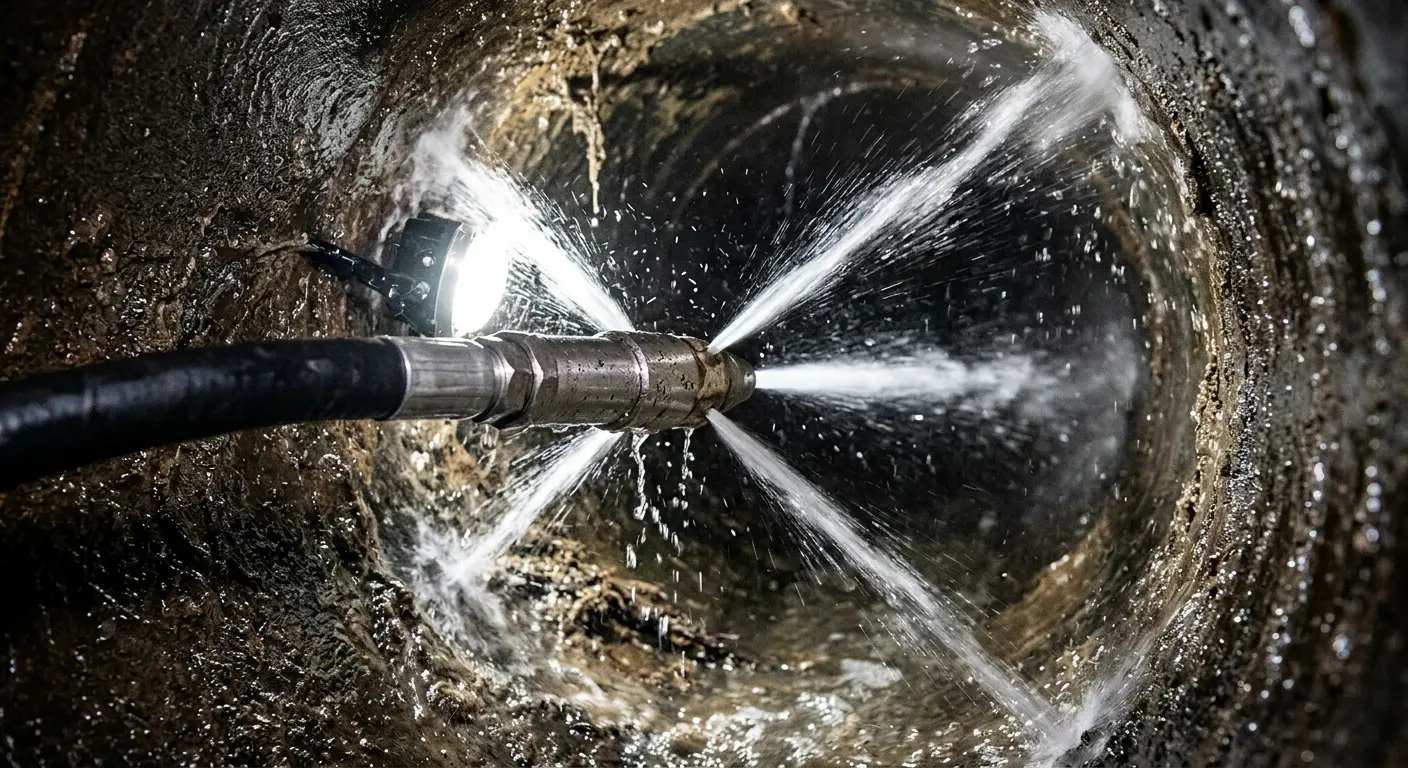 High-pressure hydro jetting nozzle cleaning sewer pipe for Emergency Drain Service in Westgate