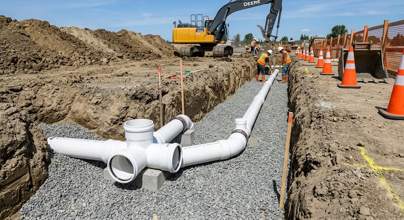 New PVC sewer pipe installation in open trench for Grease Trap Cleaning in Westgate